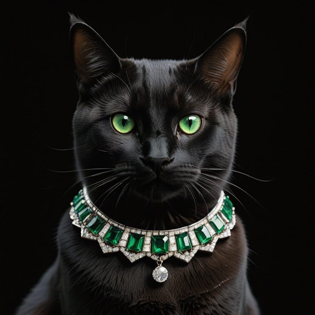 Black Cat in Luxurious Emerald and Diamond Collar