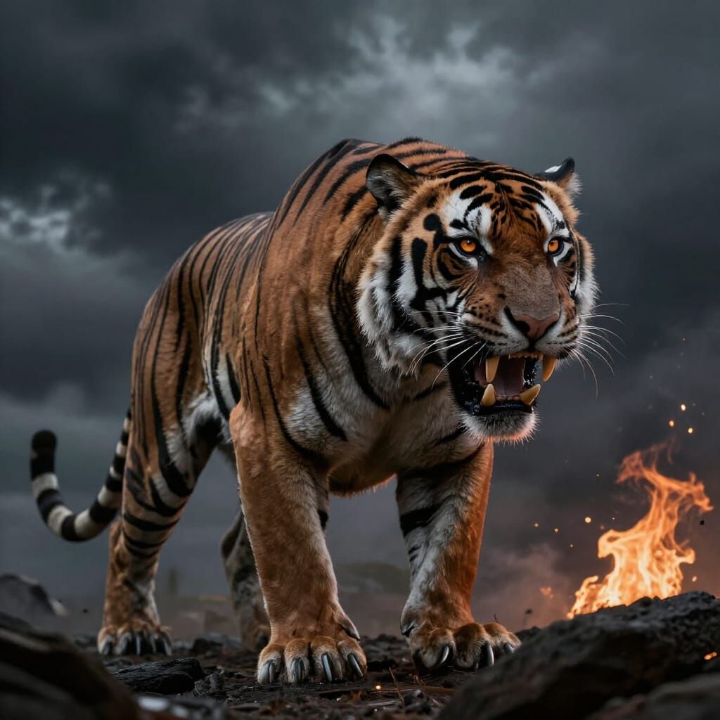 Monstrous Tiger with Fiery Black Sky