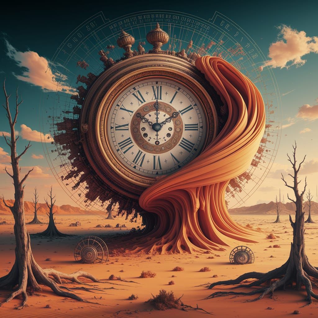 Clock Melts into Portal in Post-Apocalyptic Landscape