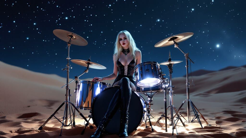 Gothic Drummer in Desert Night: Digital Matte Painting