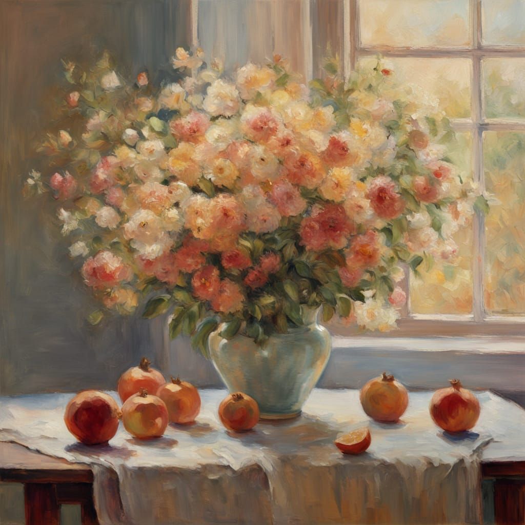 Impressionist Still Life with Flowers and Pomegranates