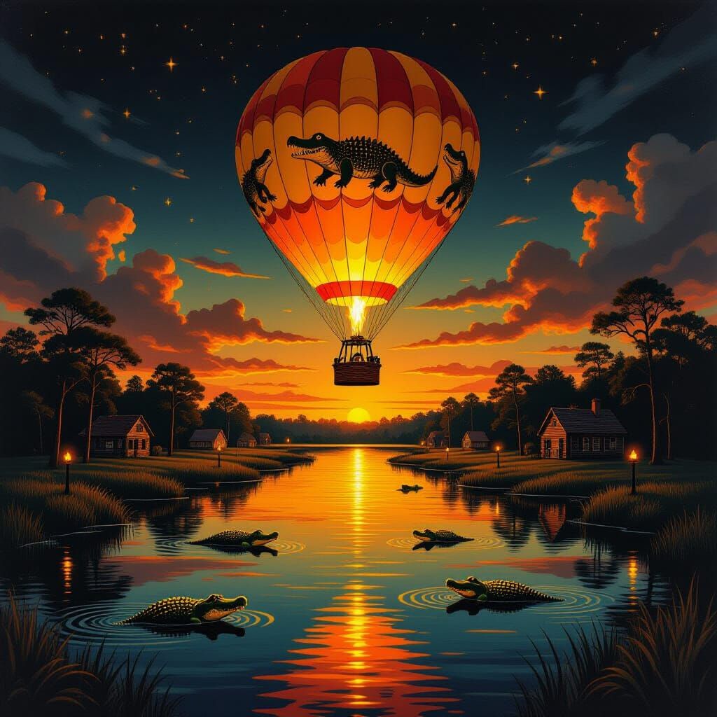 Pre-Raphaelite Bayou Vista With Alligator Hot Air Balloon