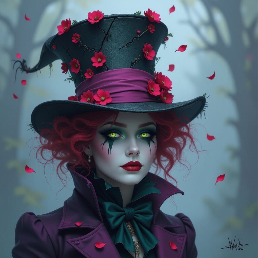 Mad Hatter Portrait: Female, Floral Hat, Glowing Eyes