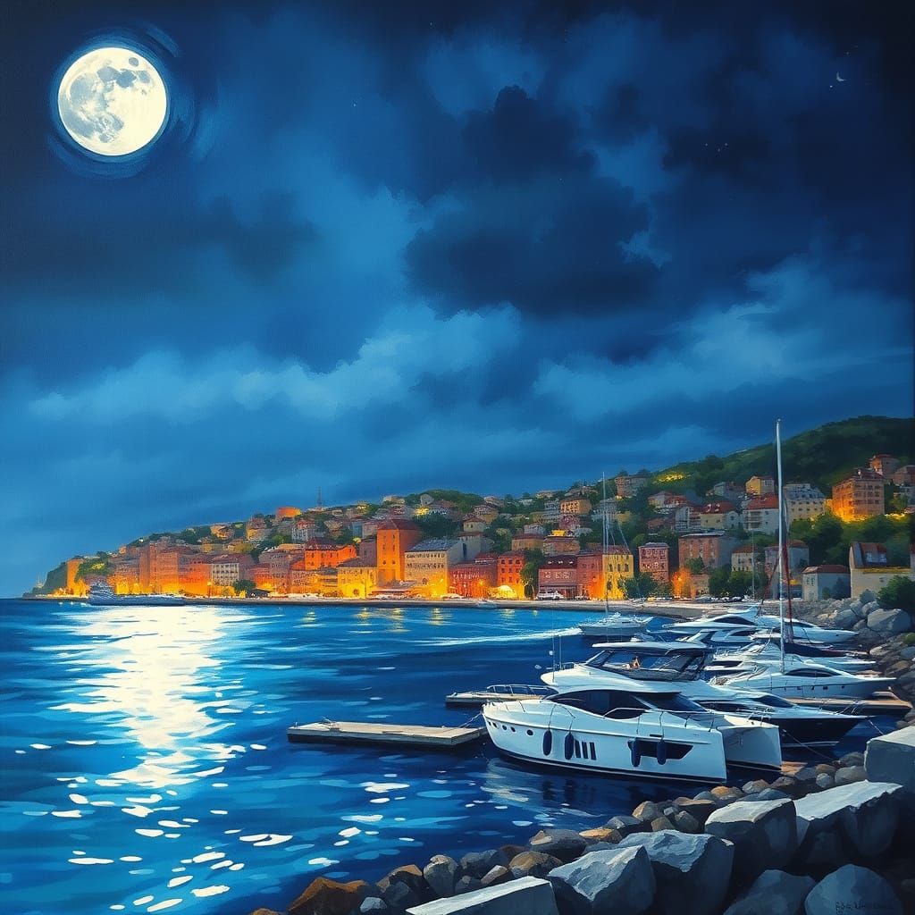 Moonlit Coastal City Marina in Gouache Style