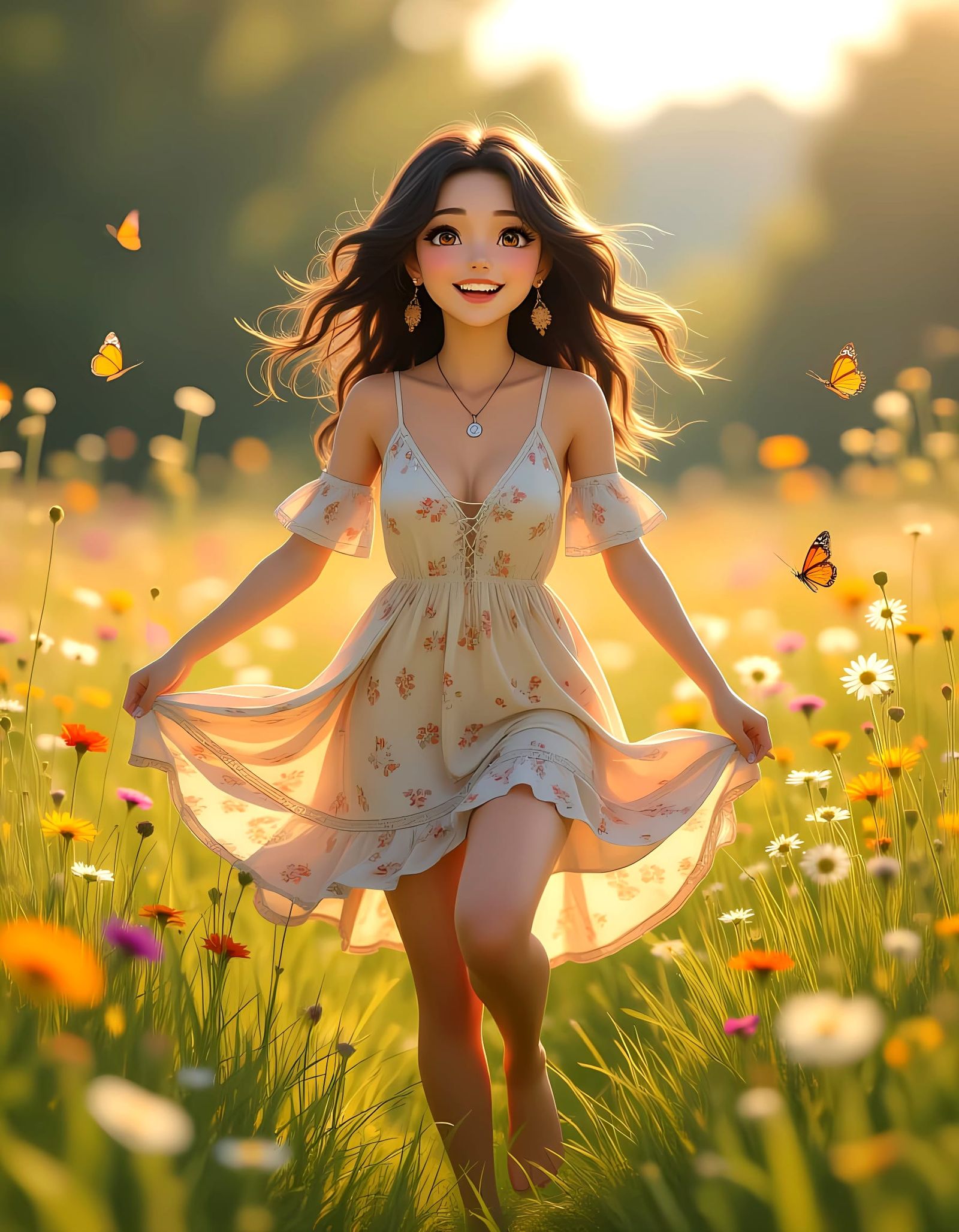 Woman Dancing in Sunlit Meadow with Expressive Eyes