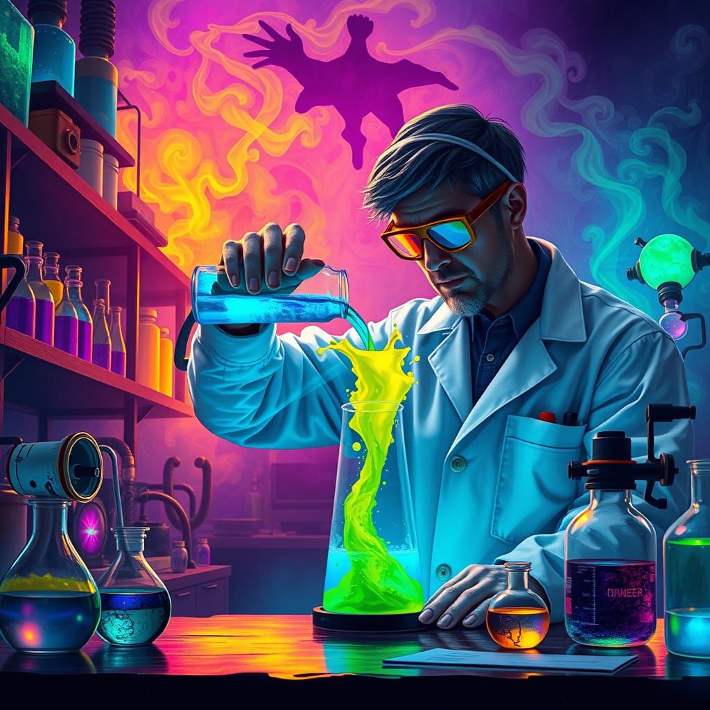 Scientist in a Lab of Glowing Liquids and Equipment