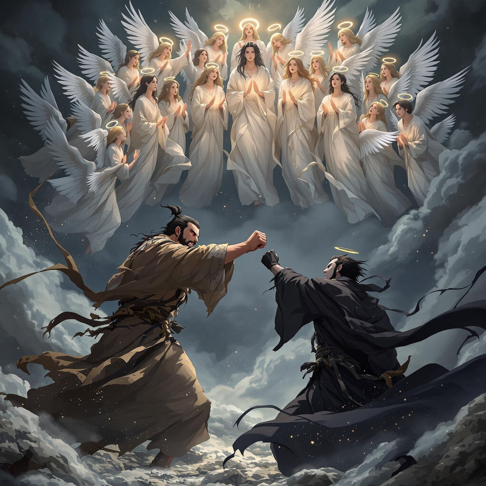 Angels Witnessing Conflict: A Dramatic 3D Anime Scene