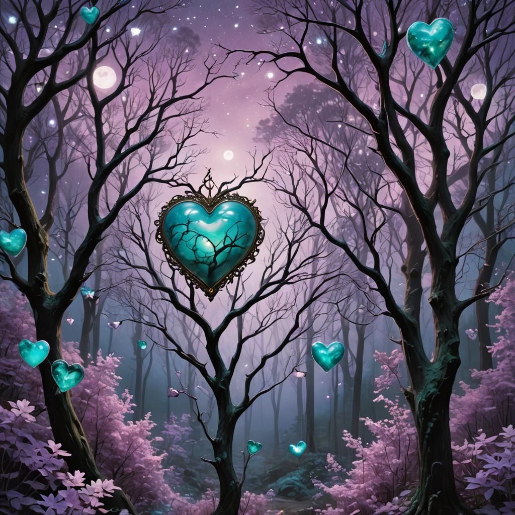 Ethereal Turquoise Heart Radiates in Night Forest