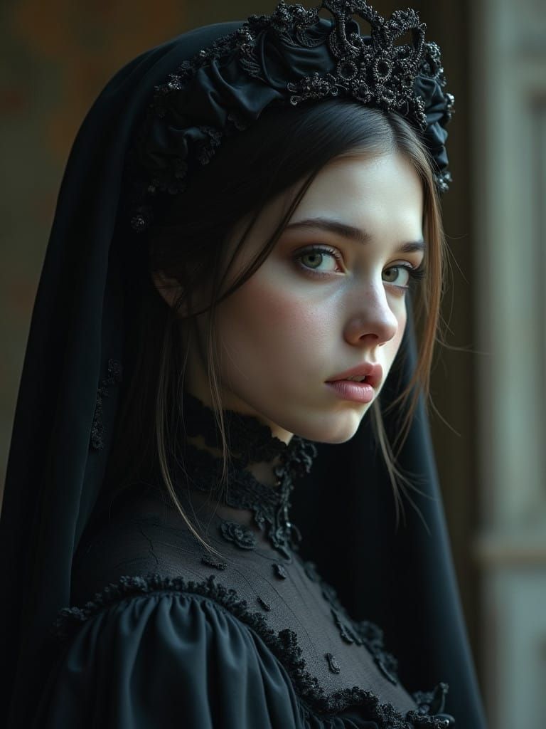 Gothic Portrait of a Young Woman in a Dark, Mystical Atmosph...