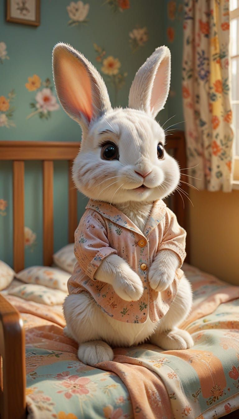 Vintage Baby Rabbit Wakes Up in 50's Style Bedroom