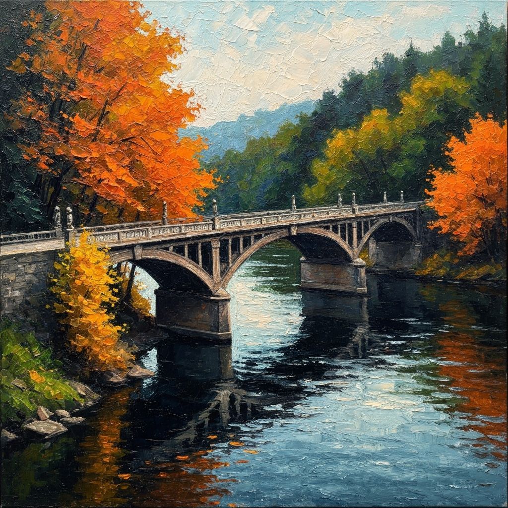 Impasto Painting of a Fall Bridge Scene