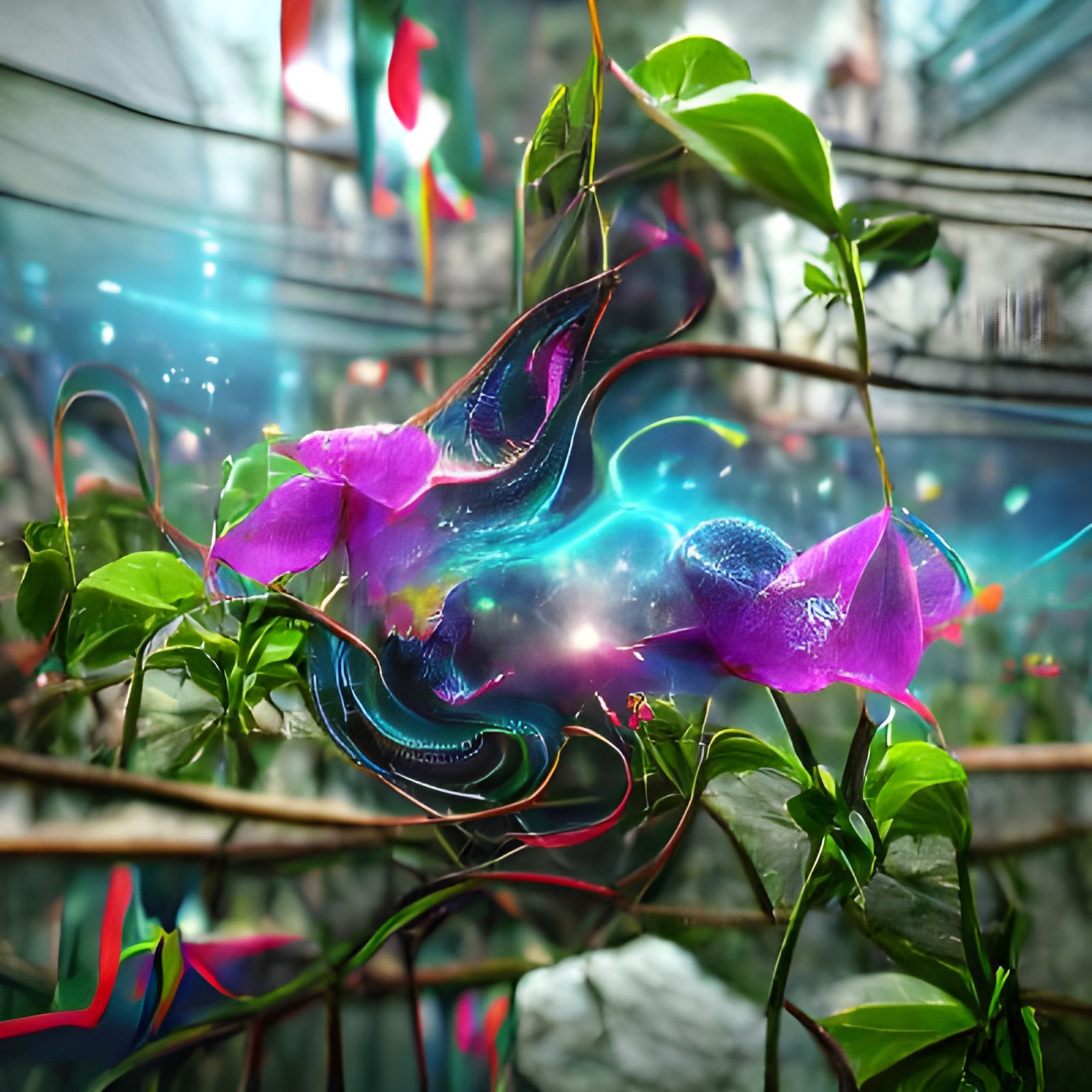 Holographic Cosmic Flower Vine in Mixed Media