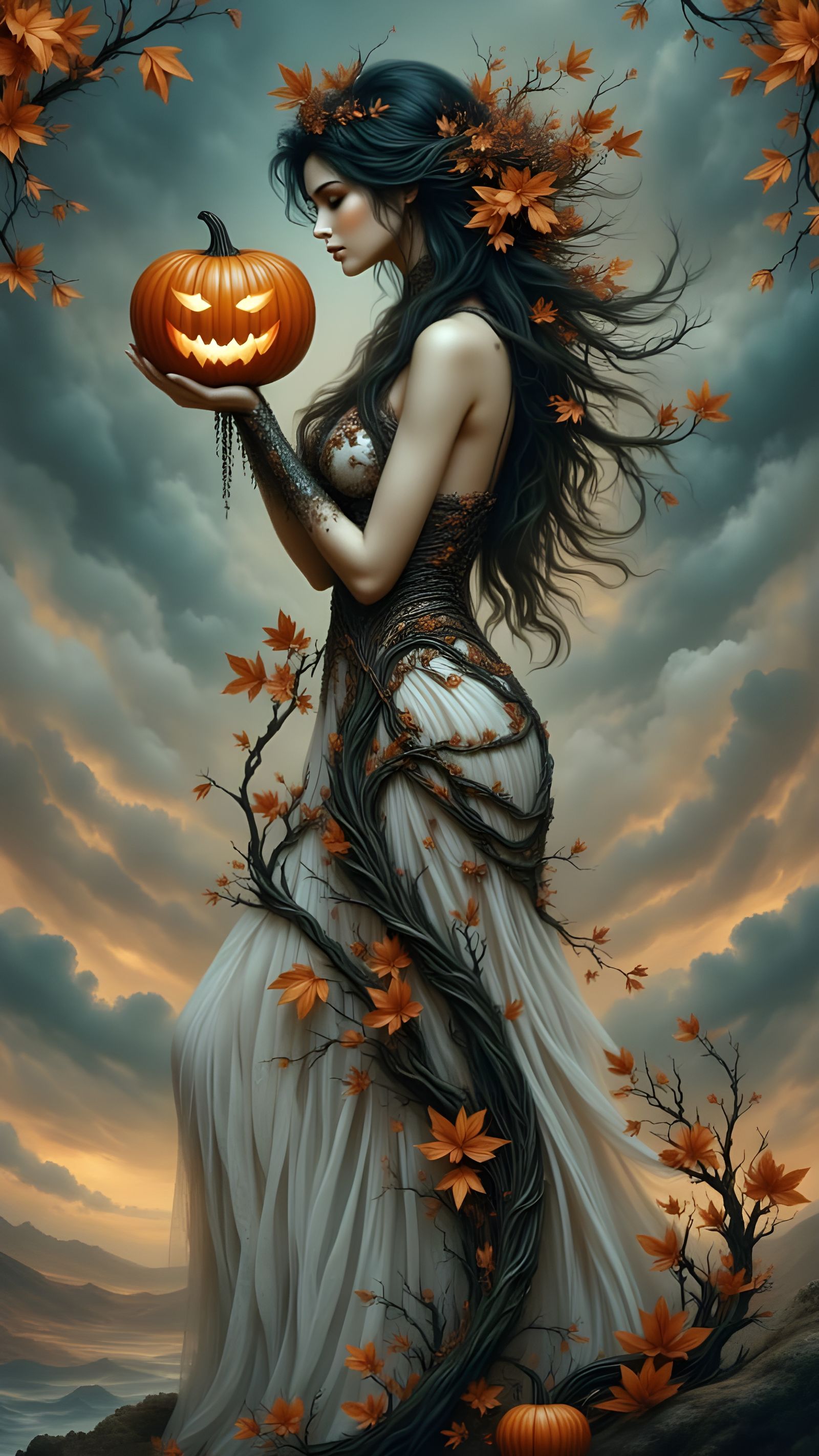 Mysterious Halloween Goddess Holding Jack-o'-Lantern in Autu...