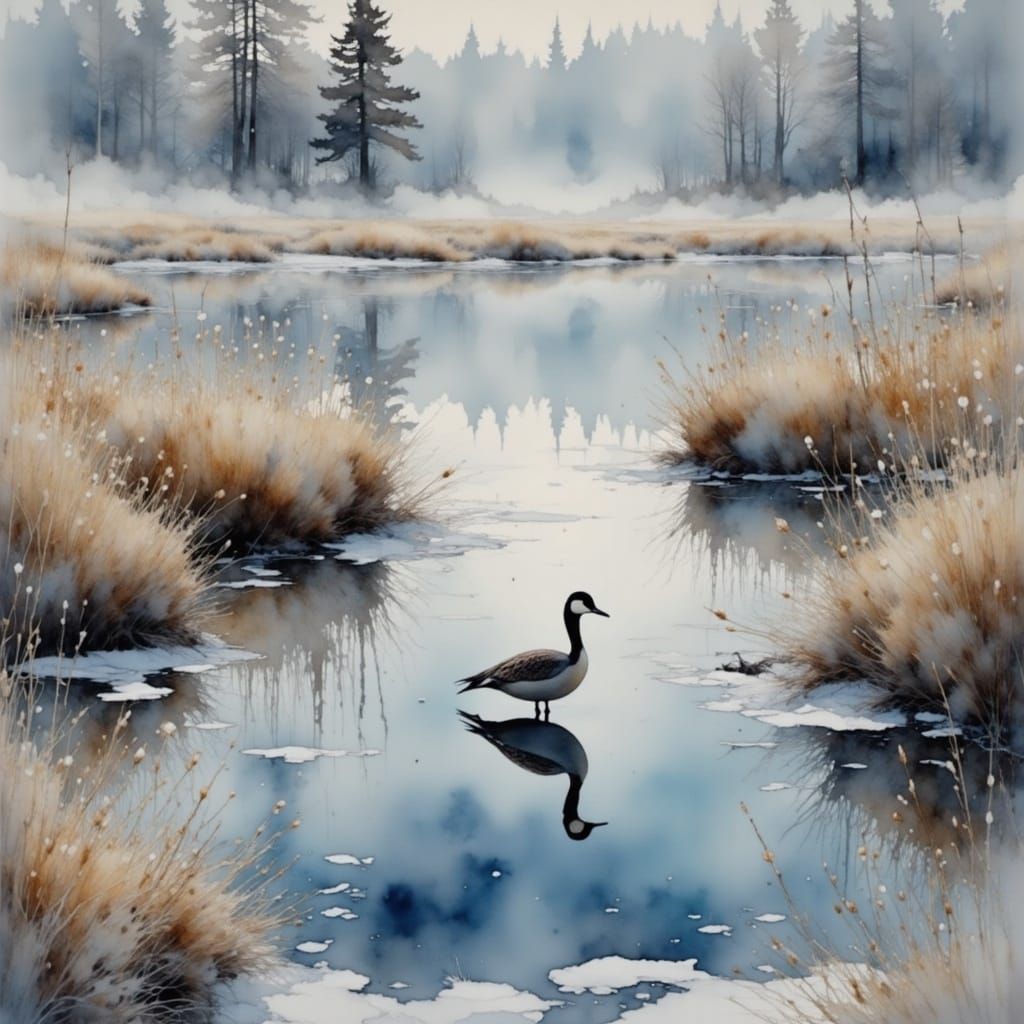 Great Crested Grebe on Frozen Lake in Watercolor