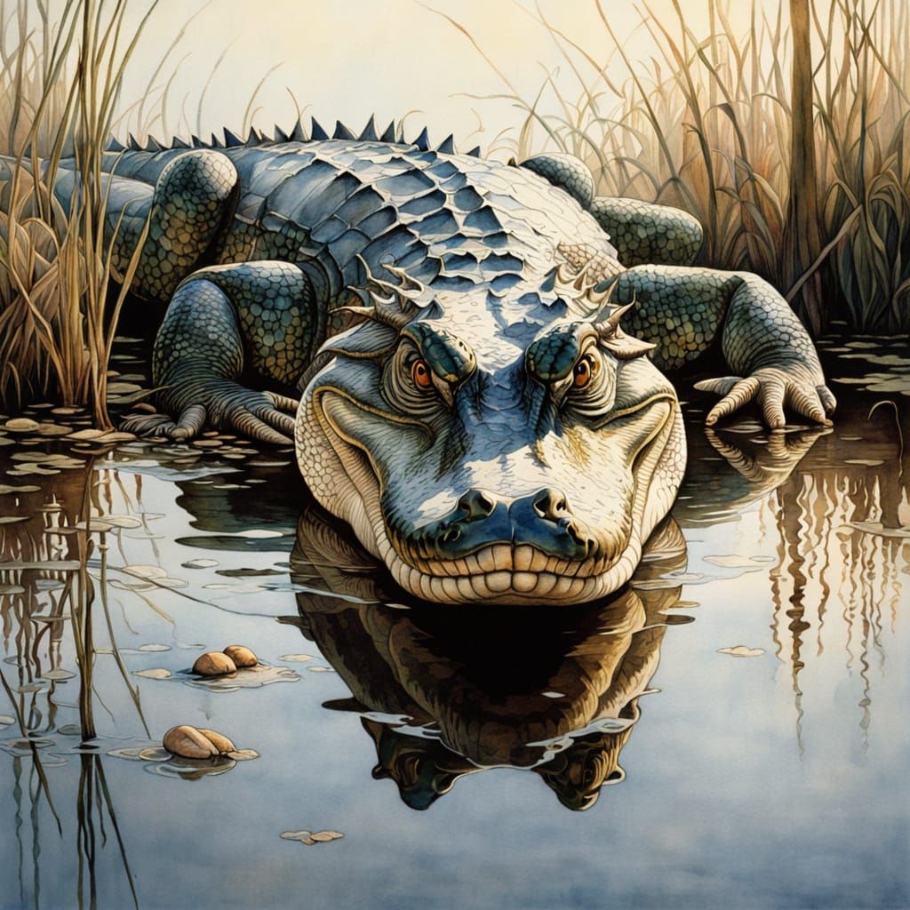A watercolor painting of a majestic American Alligator in the water with half of its body showing, in its native wetland...