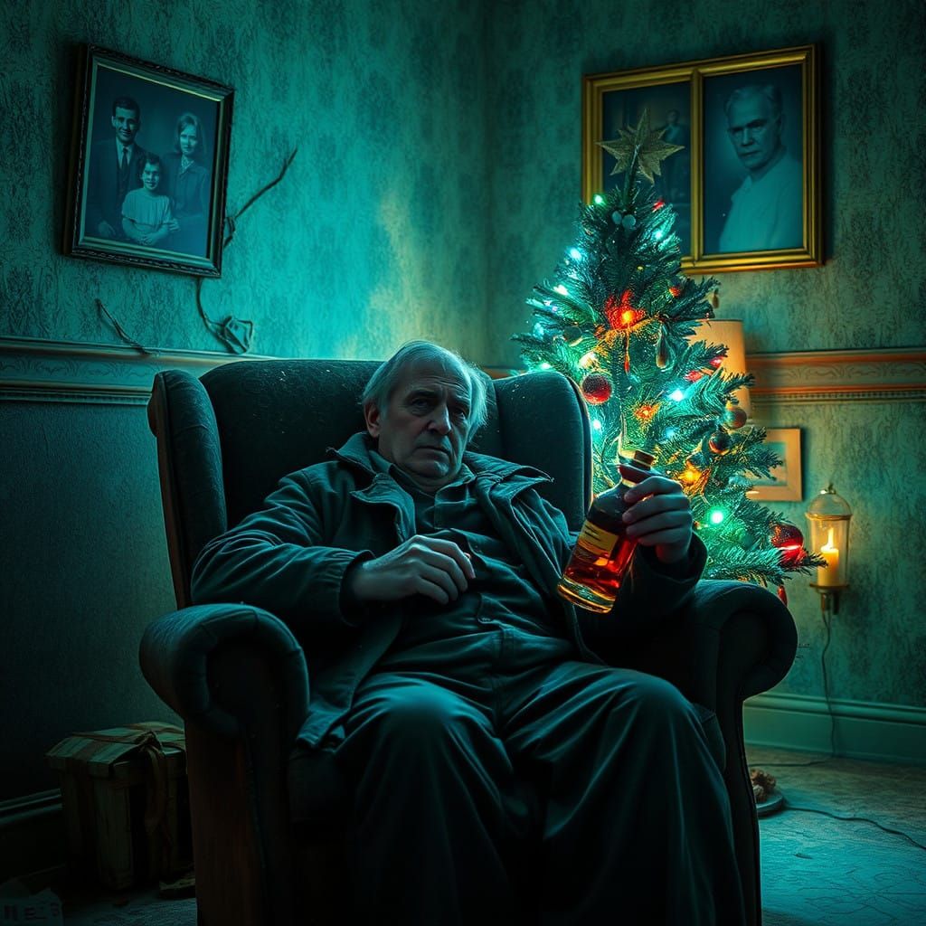 A Lonely Man Surrounded by Fading Christmas Cheer in a Dimly...
