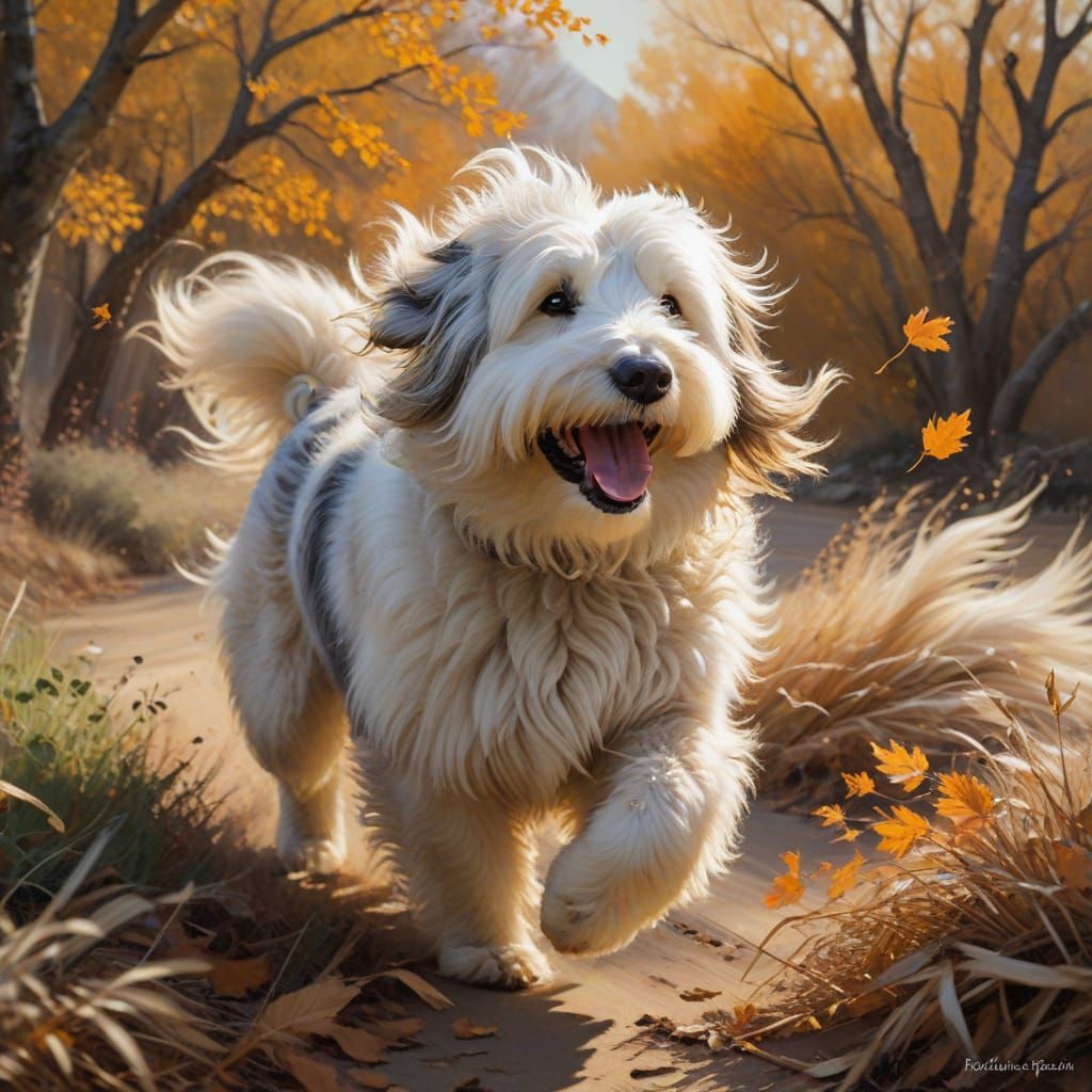 Old English Sheepdog in Wind, Impressionist Pet Portrait