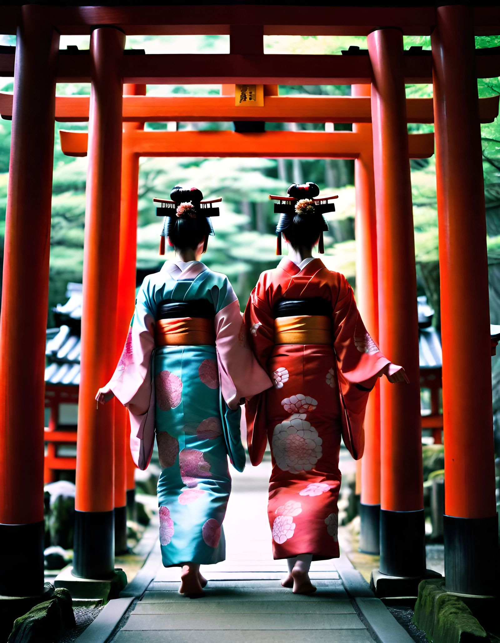Geishas Strolling Through Torii Gate: Cinematic Illustration
