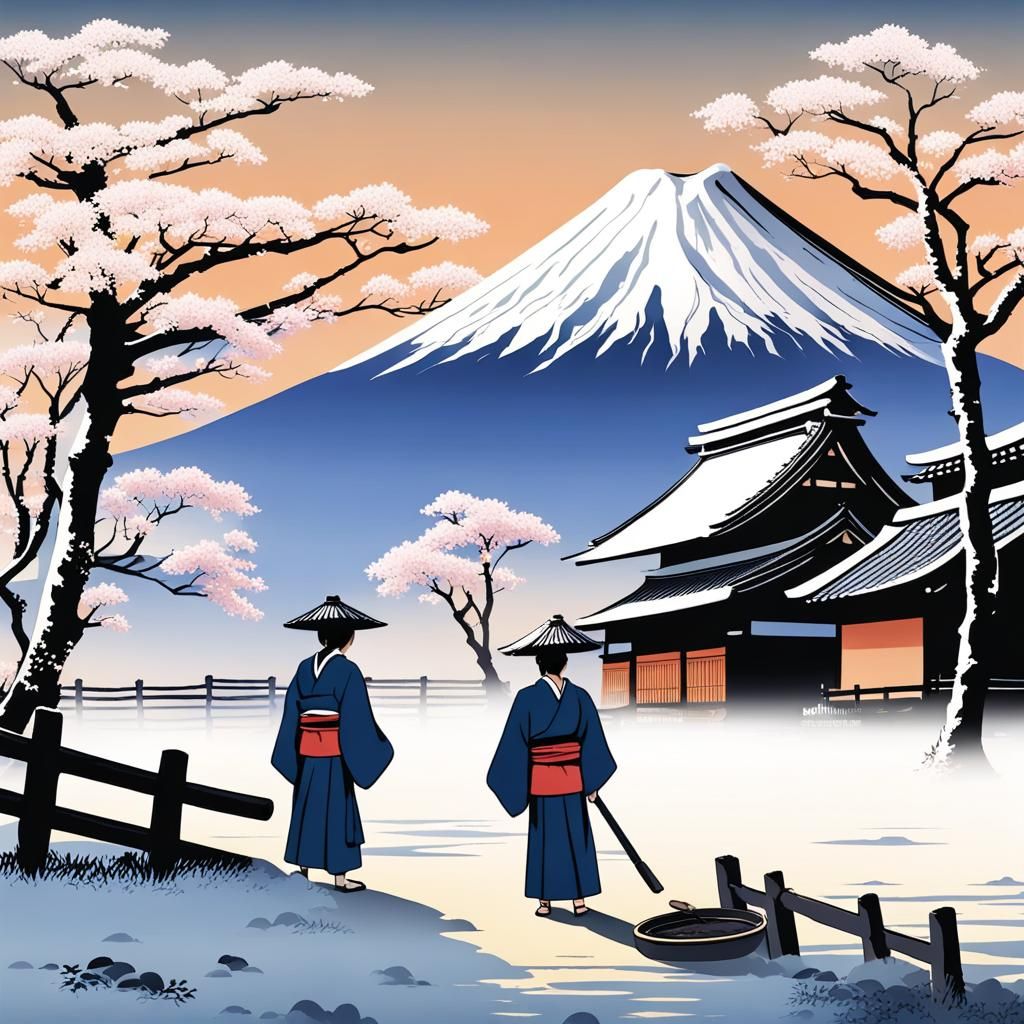 Picturesque Japanese Village at Mount Fuji, Spring Morning