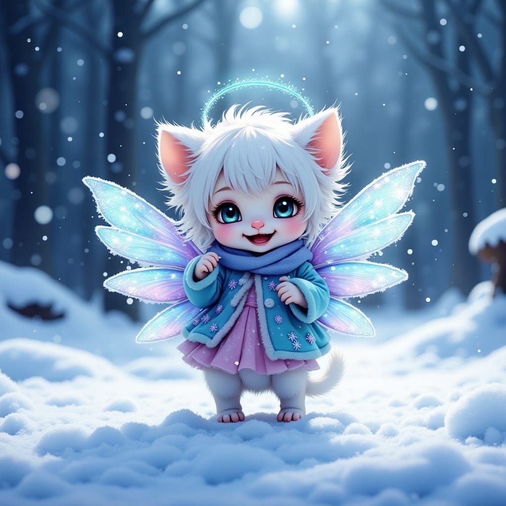 Cute Cat-Fairy Laughing in Snowy Blizzard