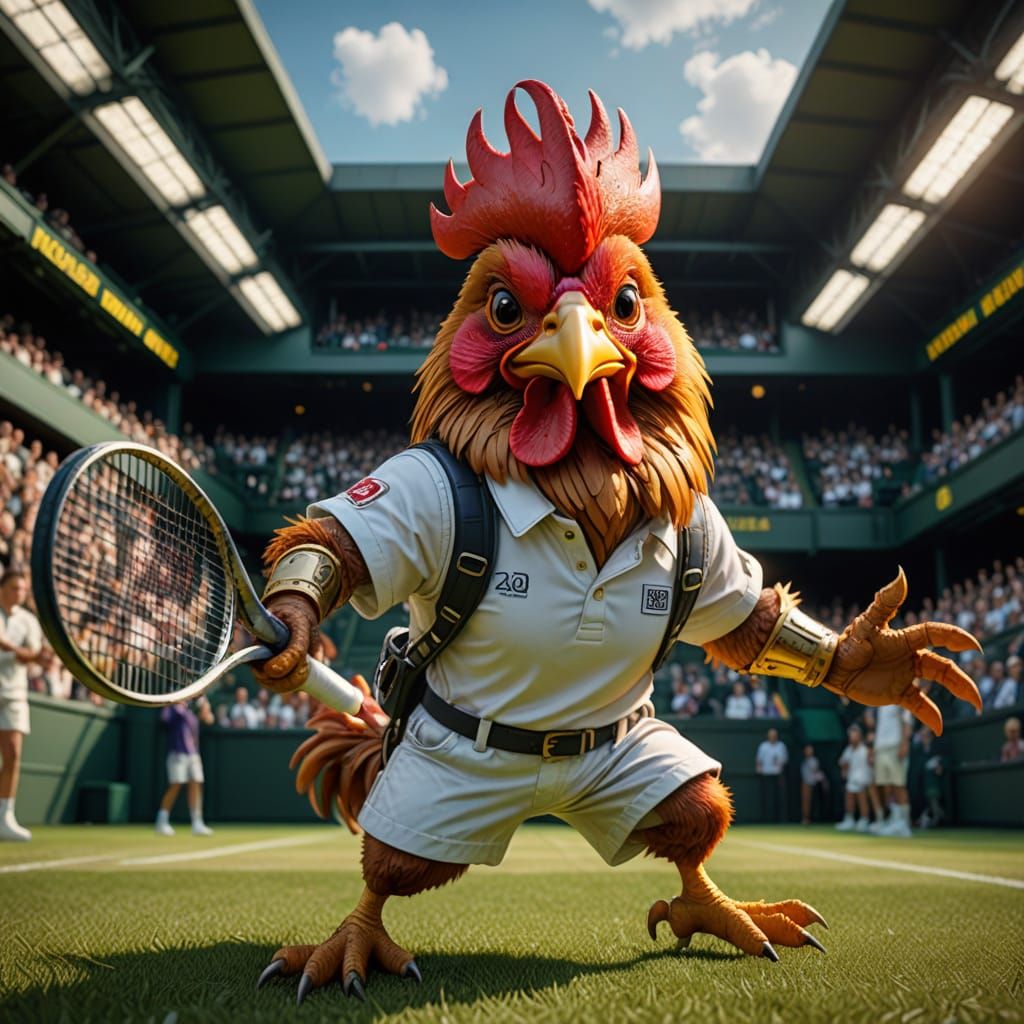 Chibi Rooster Plays Tennis at Wimbledon: Hyperdetailed 3D Ar...