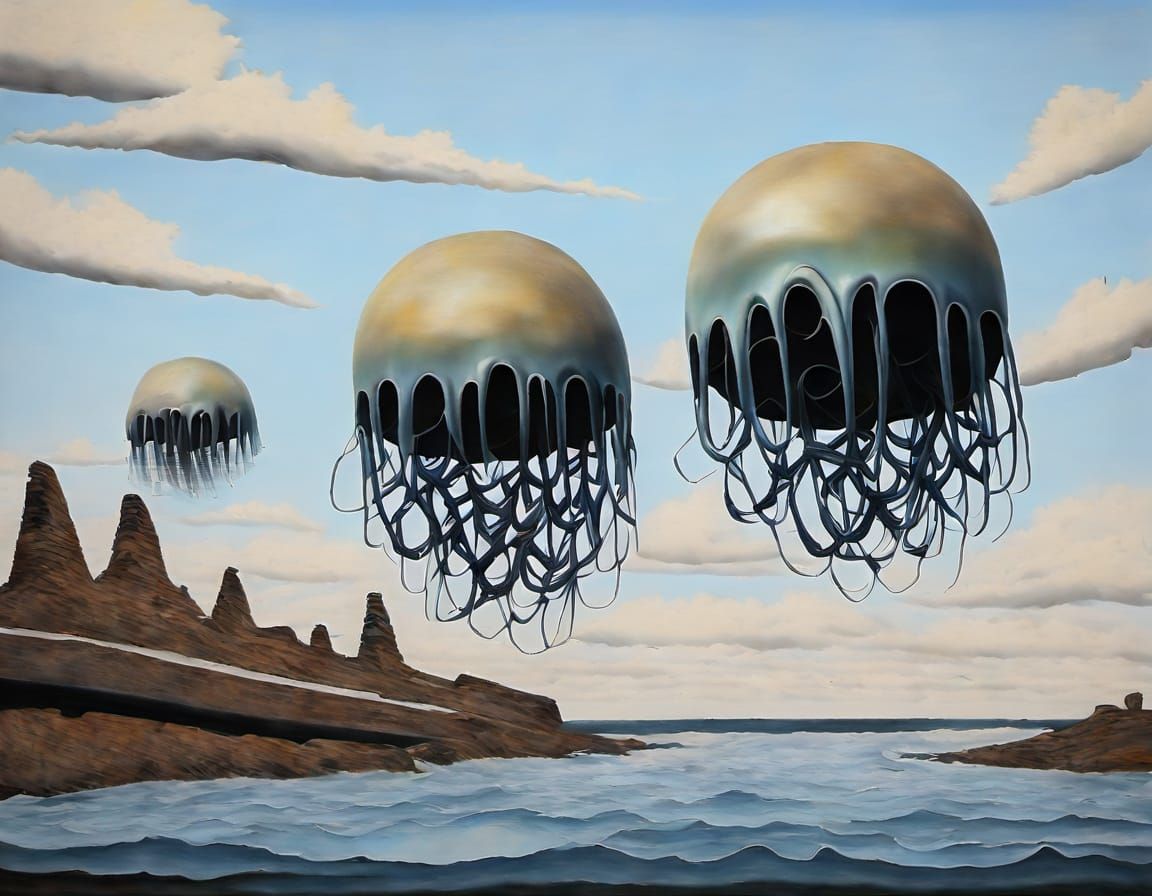 Surreal Landscape with Melting Wigs in Whimsical Oil Paintin...