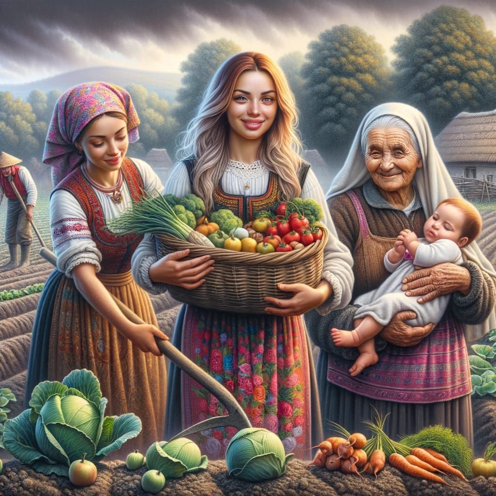 Serbian Women Harvest Vegetables in Rural Landscape