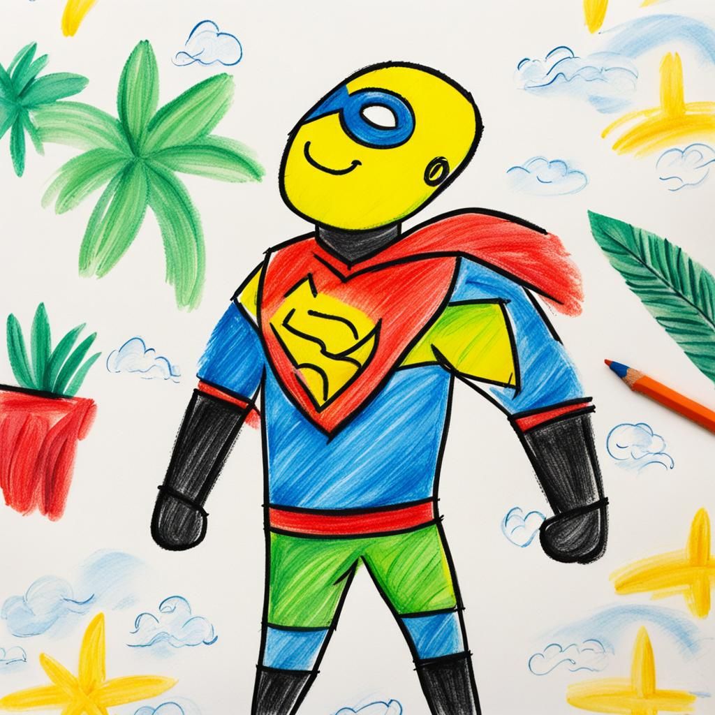Superhero on Vacation in Crayon Style