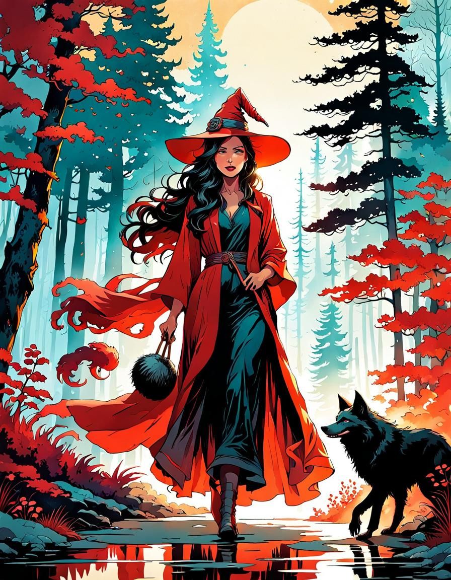 Exotic Witch and Dire Wolf Illustration