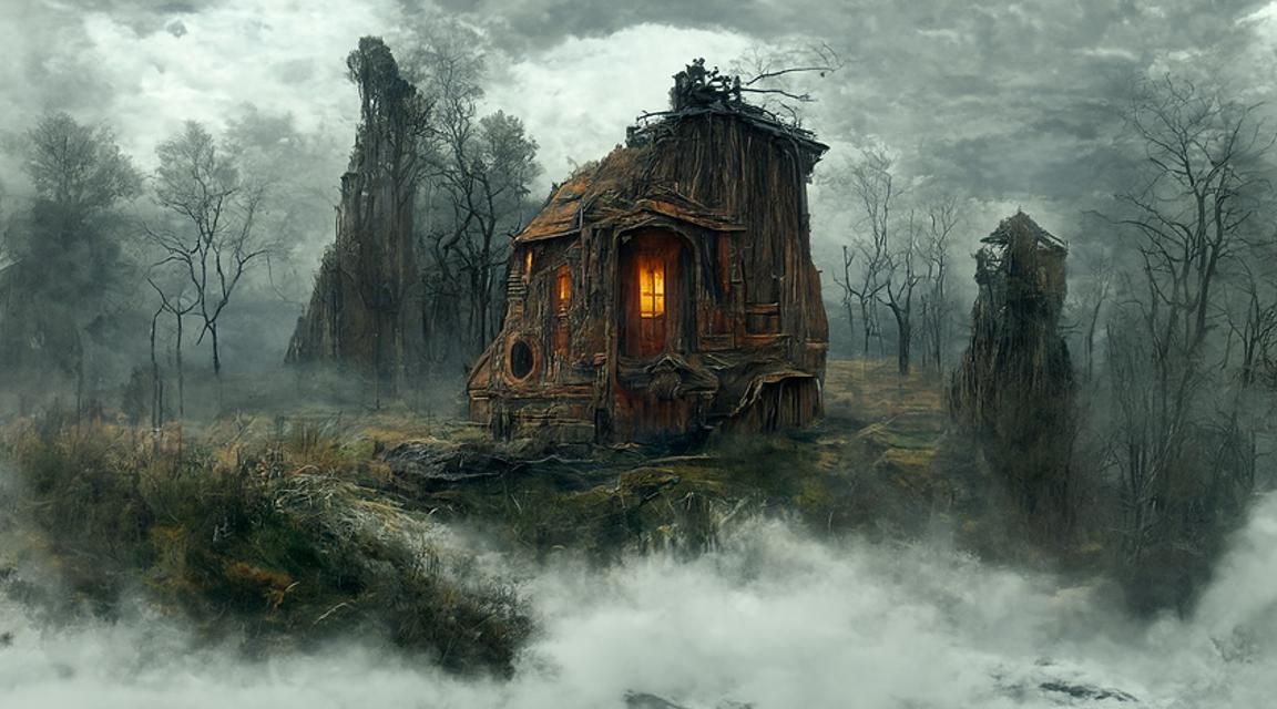 Ethereal Haunted Cabin in Misty Landscape