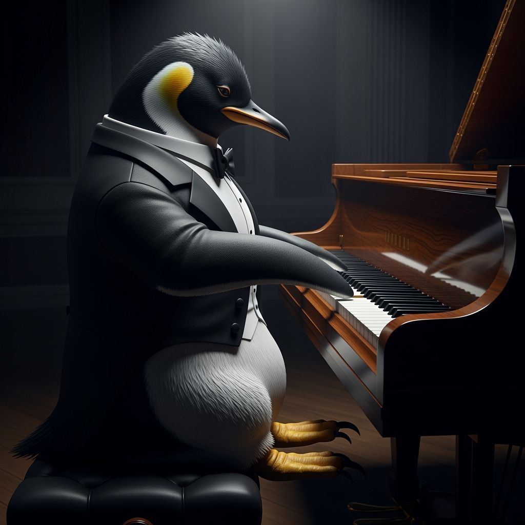 Penguin Pianist in Tuxedo: Hyperrealistic Art