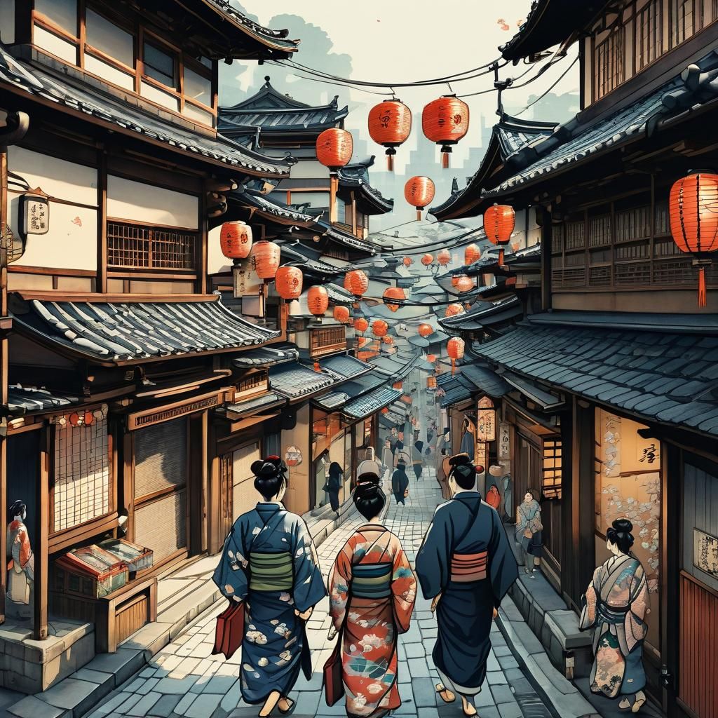Crowded Street in Old Japan: Ukiyo-e Style