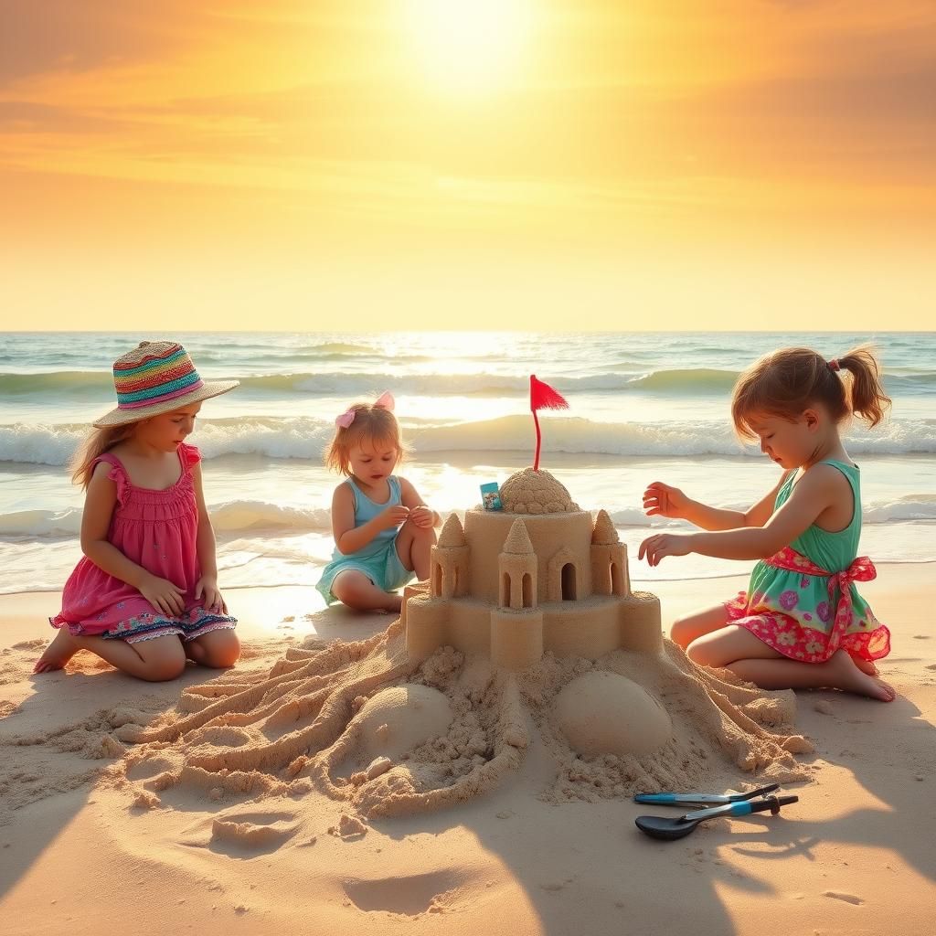 Children Build Sandcastle on Dreamy Seascape in Acrylic Art