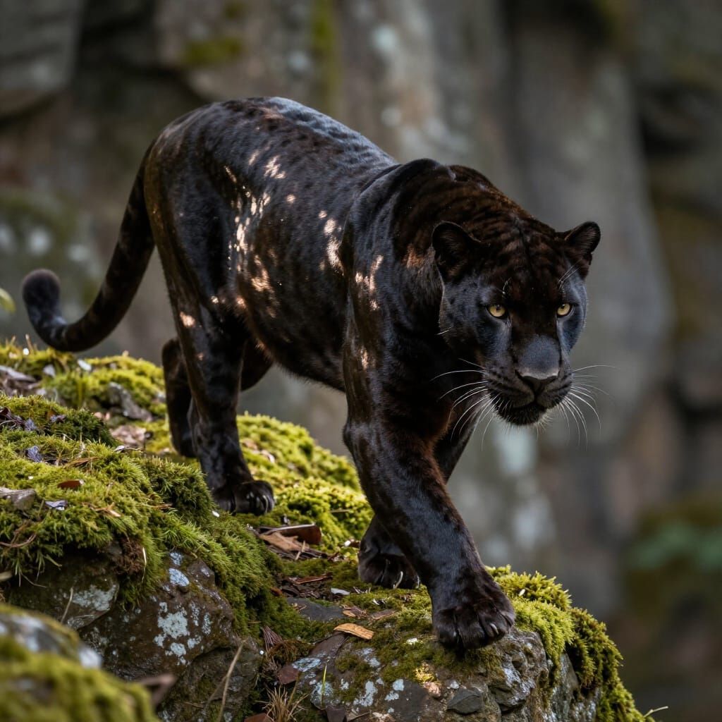 Hyperrealistic Black Panther on Mossy Cliff