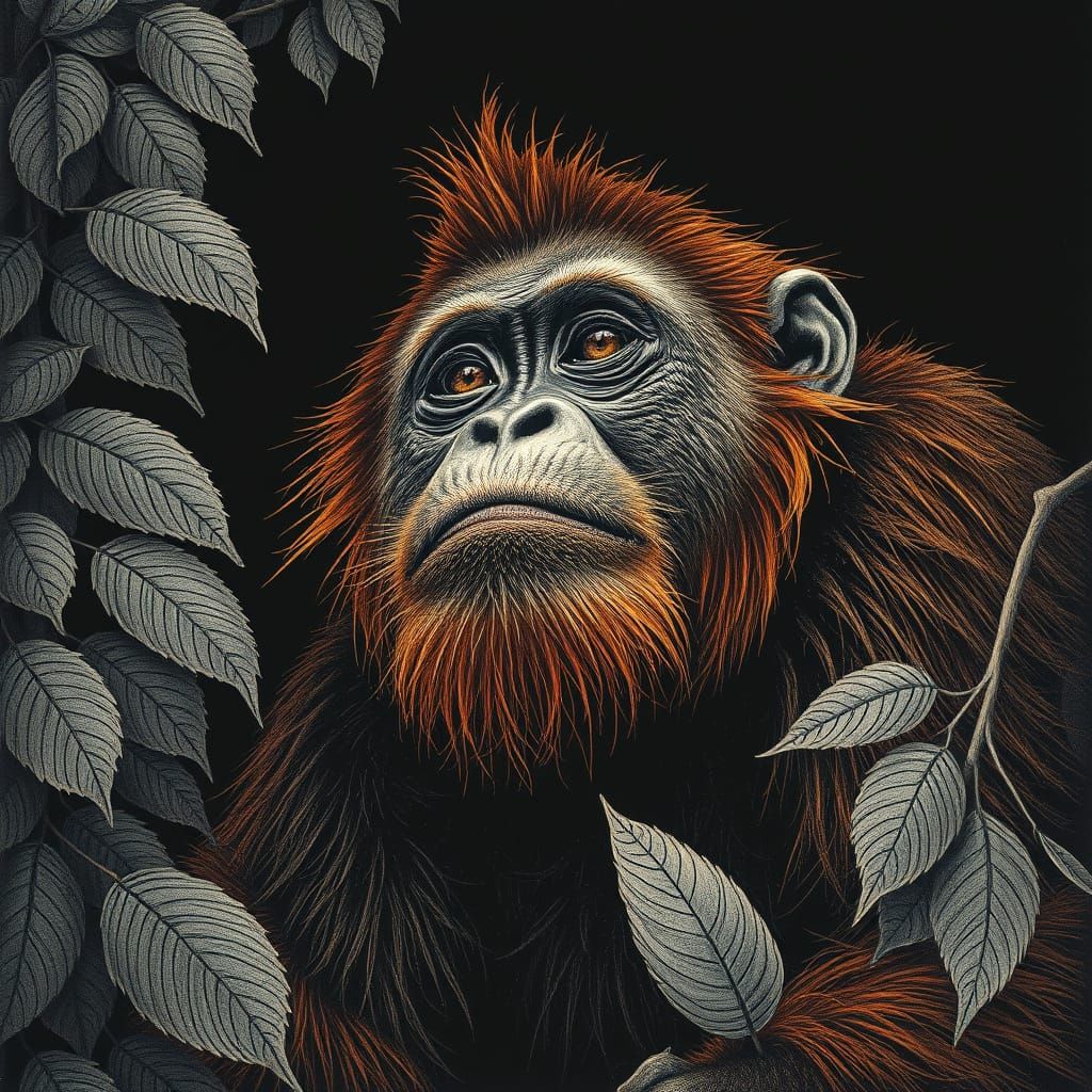 Realistic Scratchboard Portrait of an Orangutan in Jungle Ha...