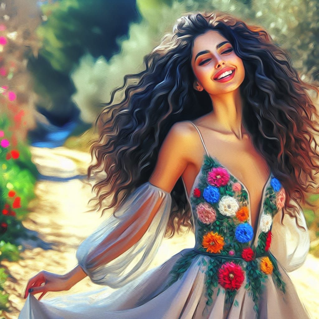 Woman Strolls Down Floral Dirt Road in Airbrush Style