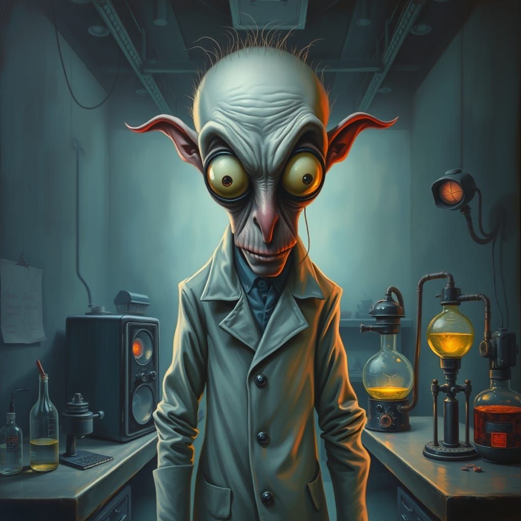 Surrealist Mad Scientist in Hypertech Lab
