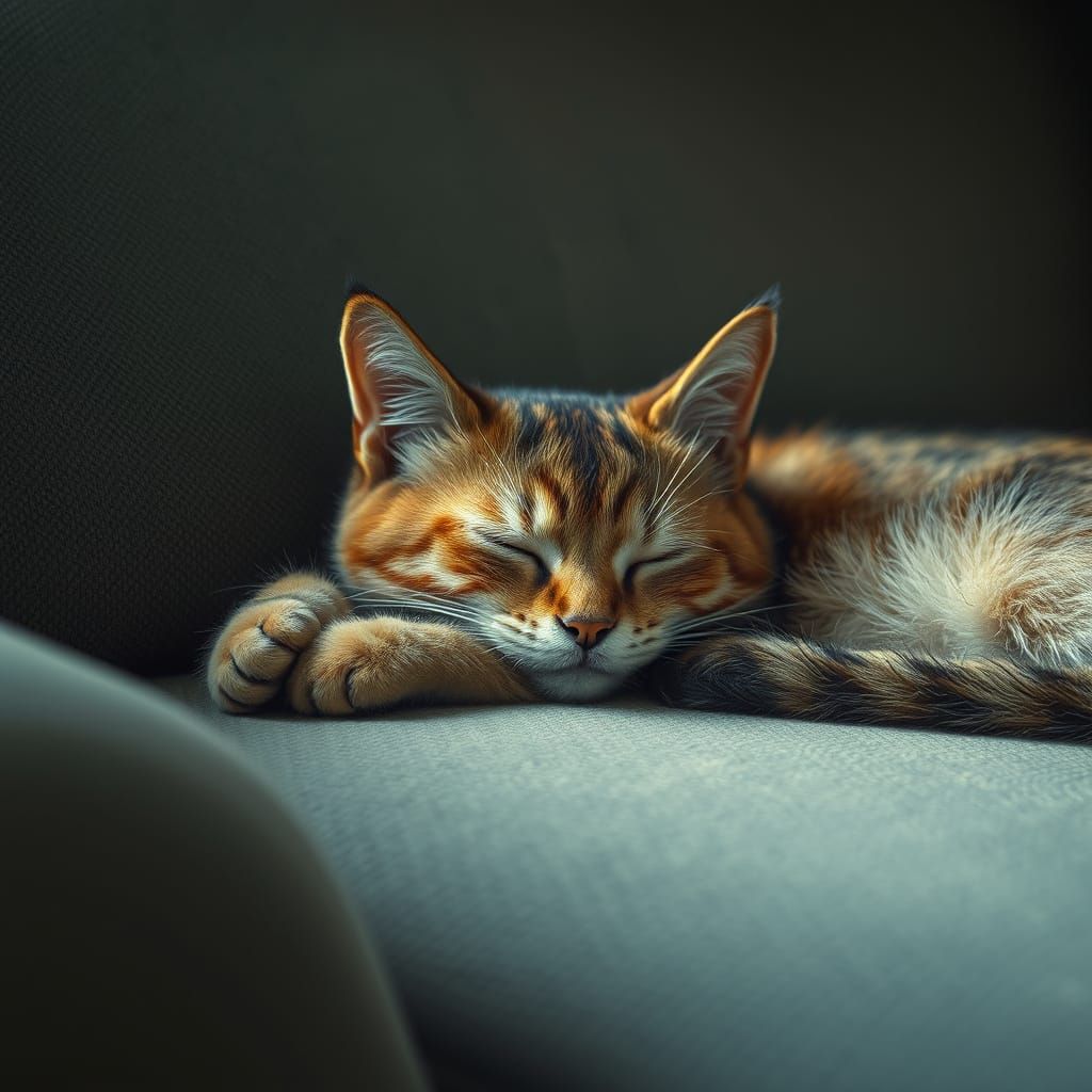 Realistic Cat Asleep on Sofa in Cozy Domestic Scene