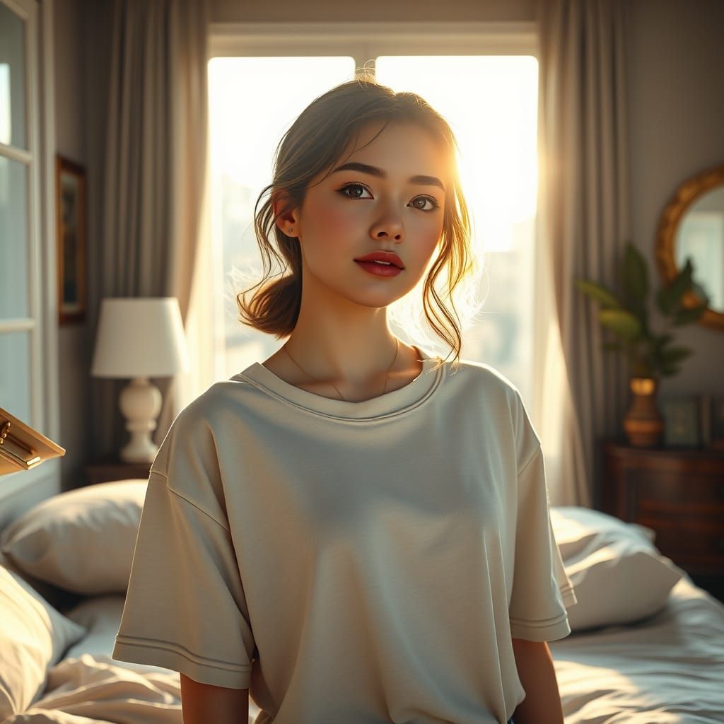 Semi-Realistic Young Woman Wakes in a Serene Morning Bedroom