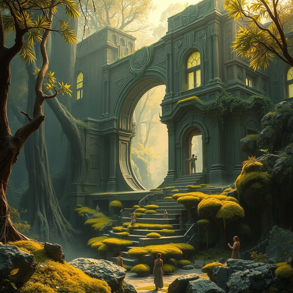 Ancient Jungle Ruins Illuminated by Bioluminescent Trees