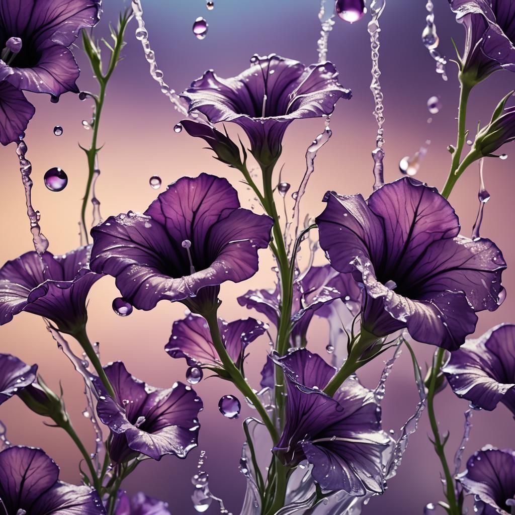 Hyperrealistic Purple Petunias in Molten Glass