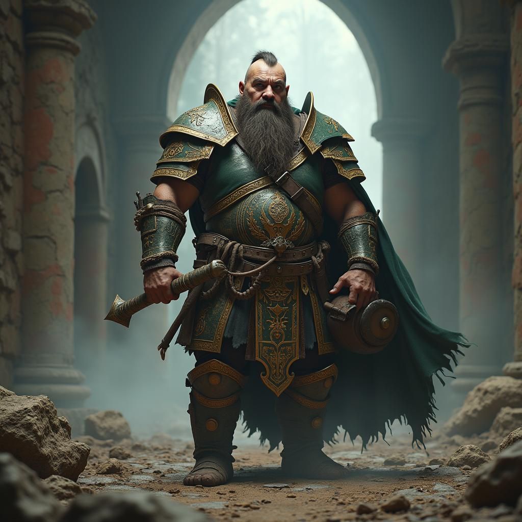 Dwarf Paladin in Mist-Shrouded Ruins: Fantasy Art