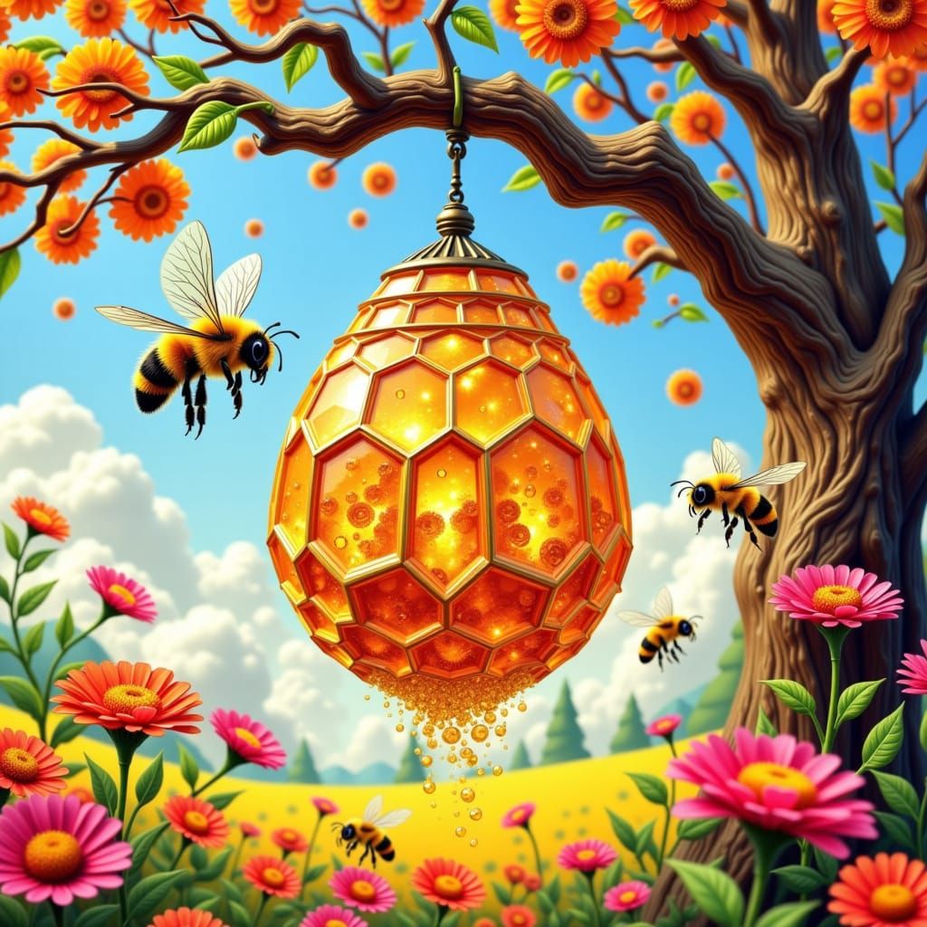 Whimsical Crystalized Honey Bees in a Vibrant Meadow