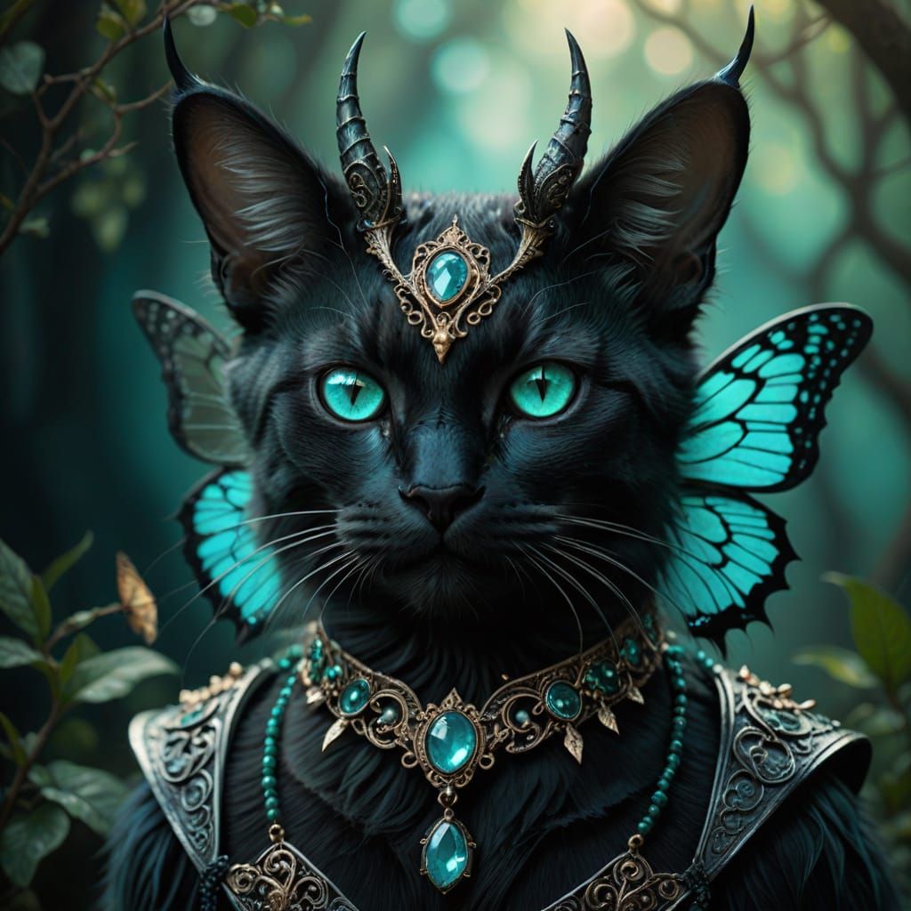 Majestic Fantasy Cat in Gothic Style with Turquoise Gemstone...