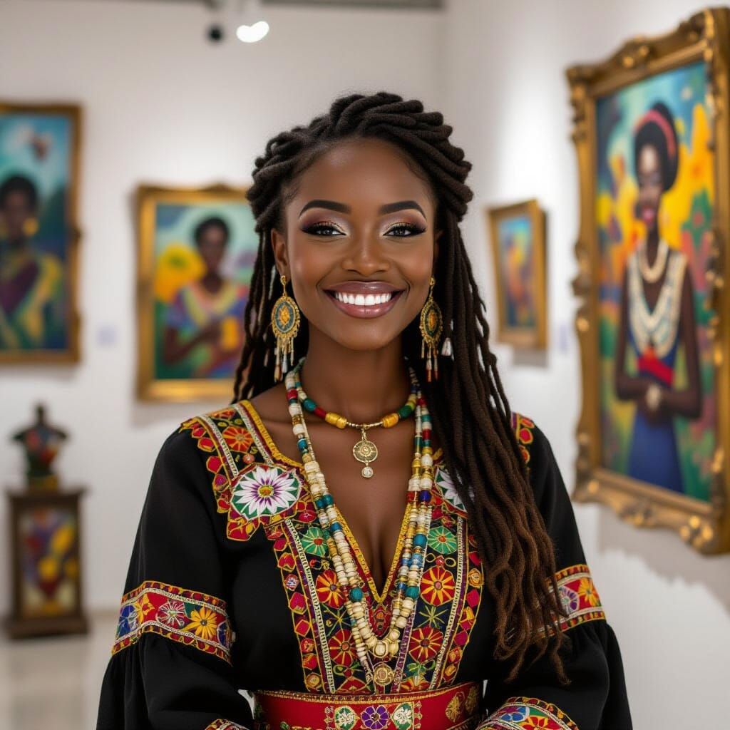 Haitian Woman in Art Gallery, Voodoo Folk Art Style
