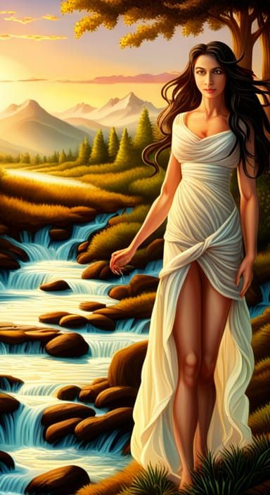 Female Centaur Portrait with Mountain Sunset, Ultra-Realism