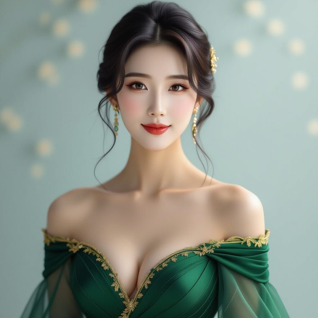 Elegant Korean Woman in Jade Gown: Artgerm Style Portrait