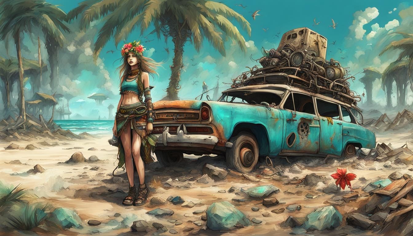 Post-Apocalyptic Goddess on Tropical Beach, Anime Style