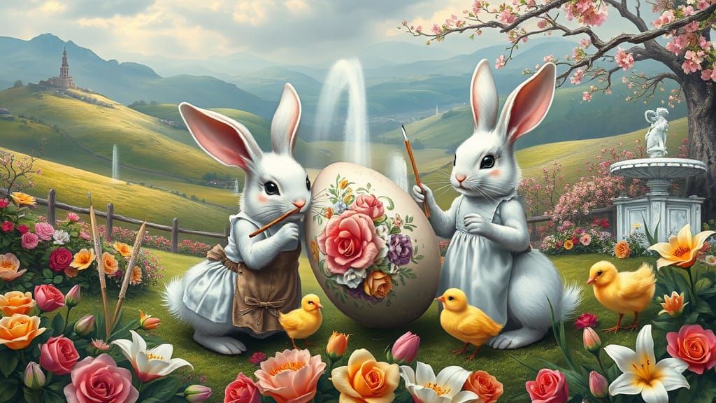 Rabbits and Chicks Painting Easter Eggs