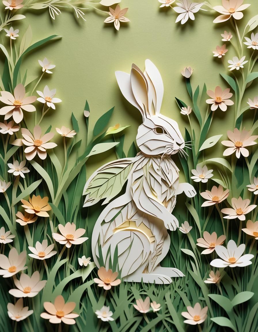 Papercut Rabbit with Flower in Origami Style